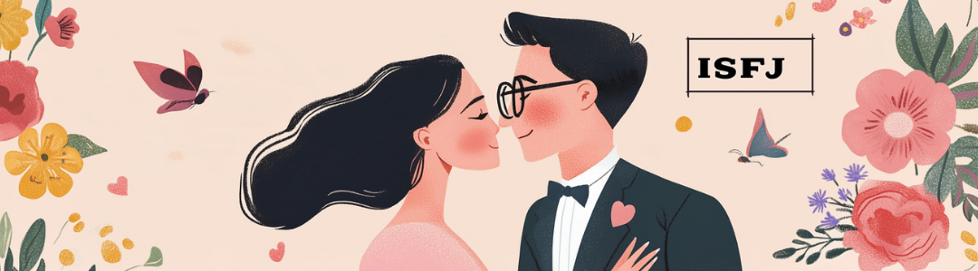 Romantic couple with ISFJ label and flowers illustrating ISFJ compatibility with other personality types.