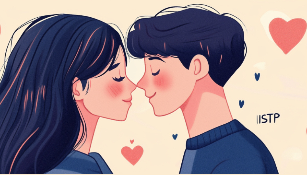 Couple about to kiss with hearts showing successful ISTP compatibility and romantic relationship connection.