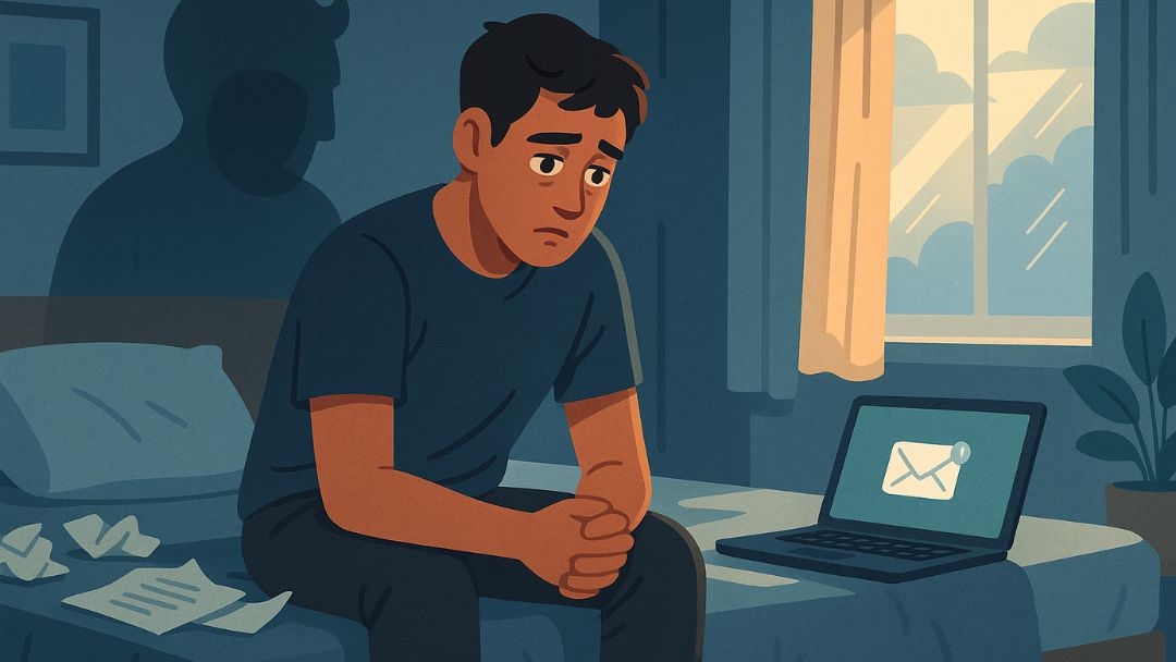 Person experiencing job search depression sitting alone with laptop and rejection letters.