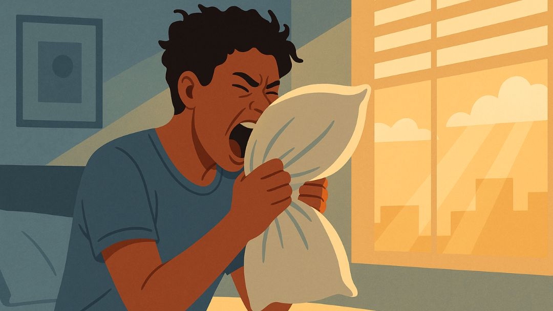 Person releasing frustration into pillow coping with job search depression emotions.