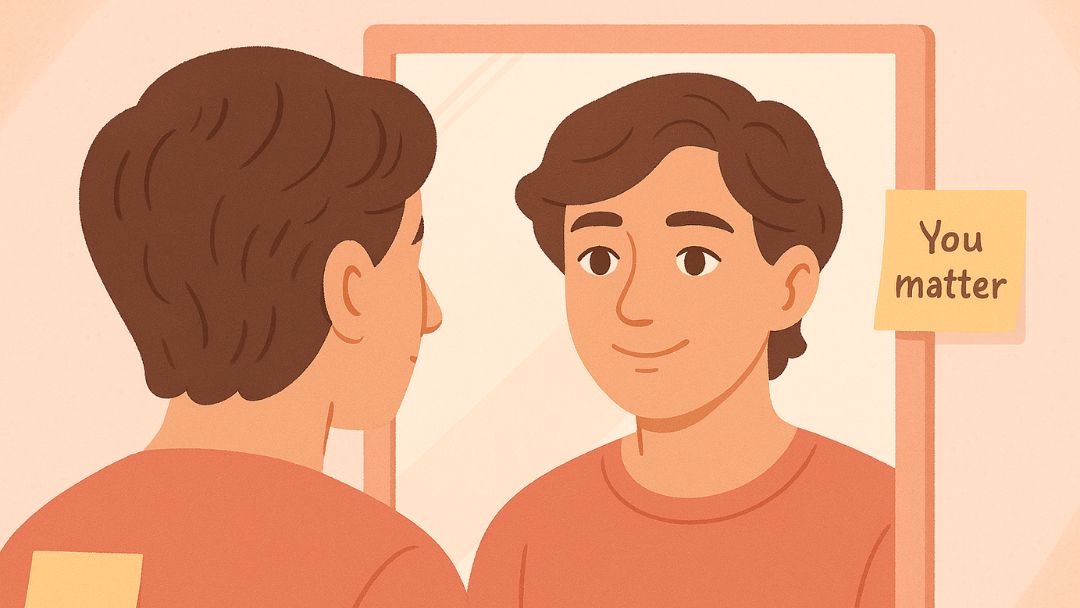 Person using positive affirmations to maintain mental health during job search depression.