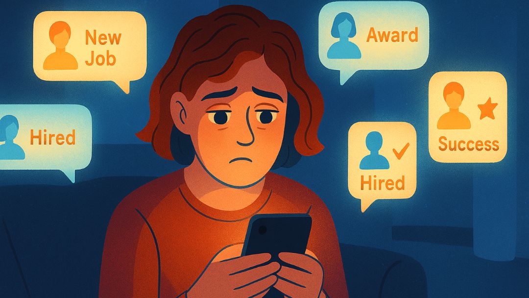 Person feeling down viewing others' success posts worsening job search depression on social media.