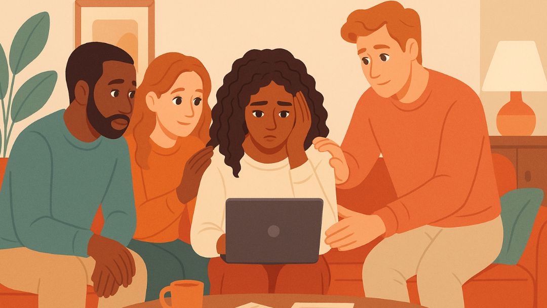 Friends offering support to person struggling with job search depression and isolation.