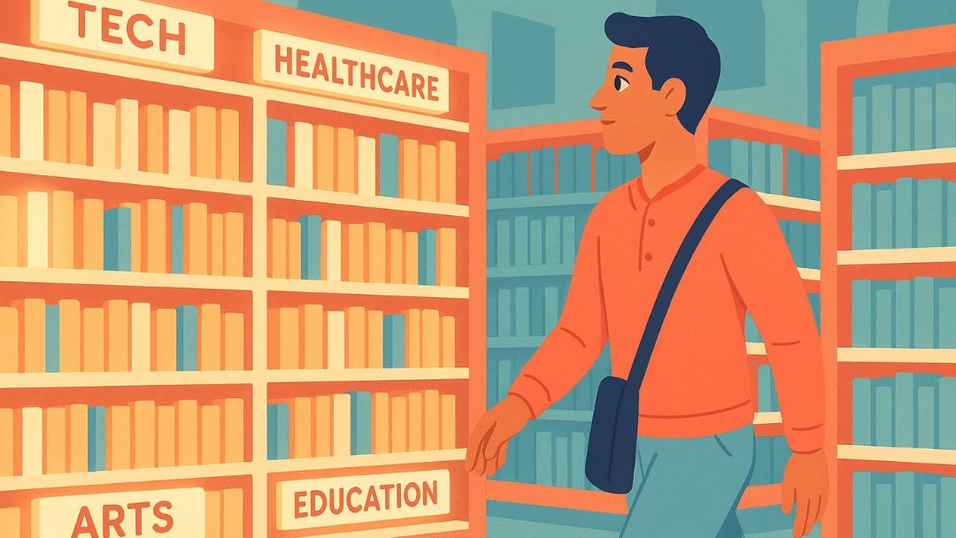 Man browsing different career fields including tech, healthcare, arts, and education to find job that fits.