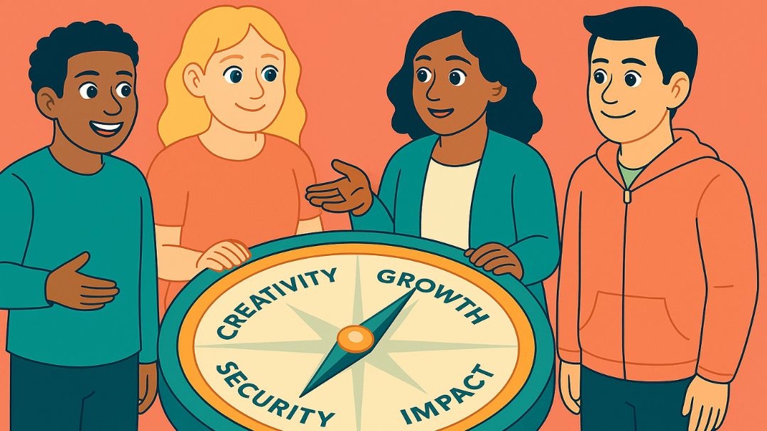 Diverse group of people using values compass showing creativity, growth, security, and impact to find fitting jobs.