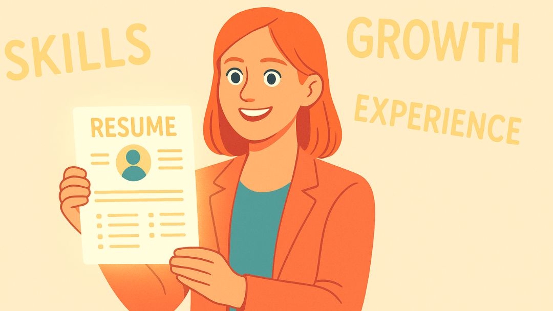 Woman holding resume showcasing skills, growth, and experience to find job that fits her qualifications.