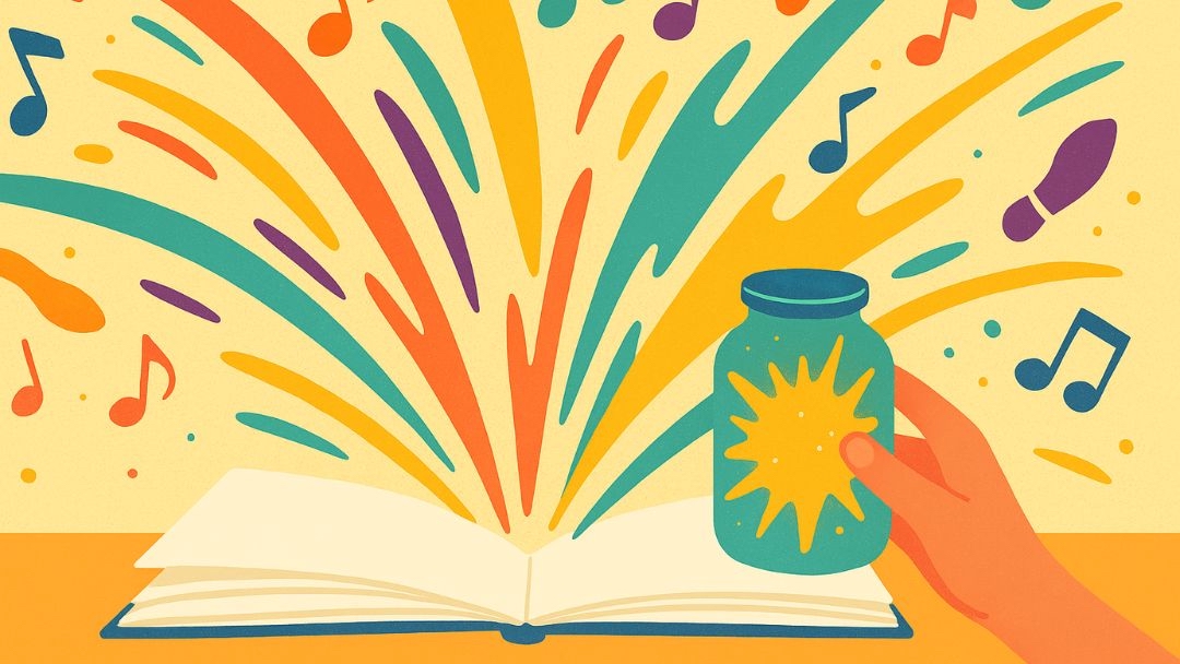 Colorful creative expression with books, music, and art bringing joy and positivity.