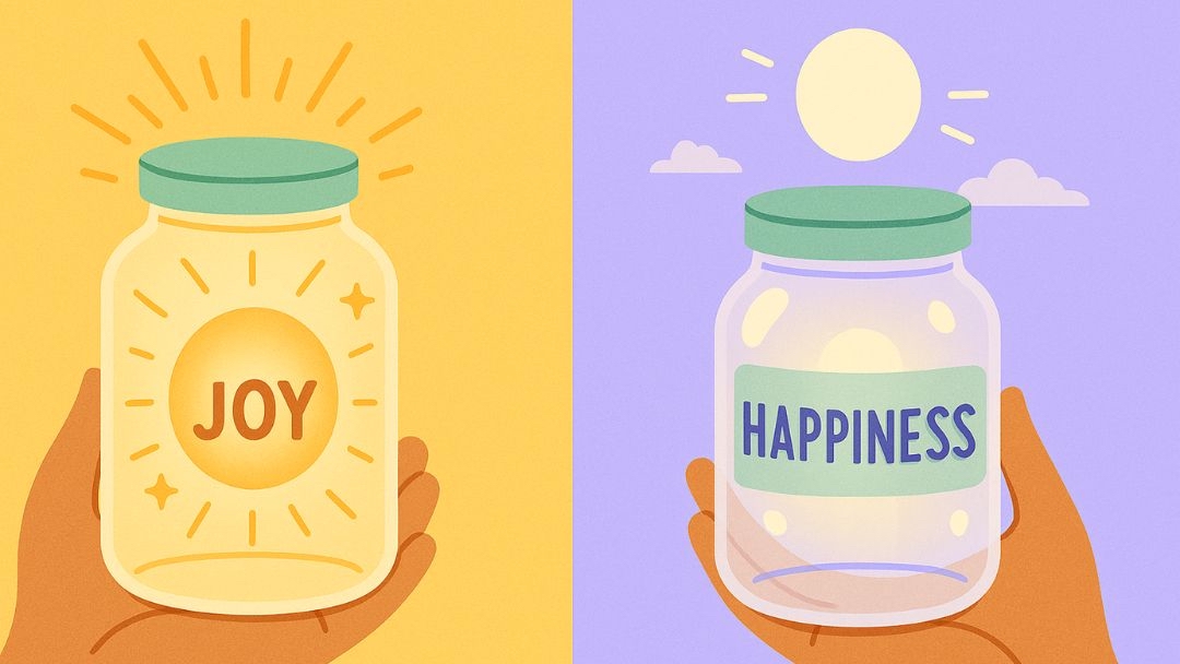 Jars showing distinction between joy and happiness as different positive emotions.