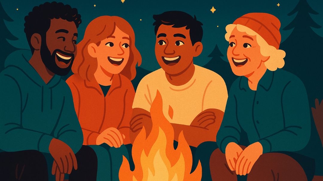 Group of friends around campfire showing how kindred spirits share easy flowing conversation.