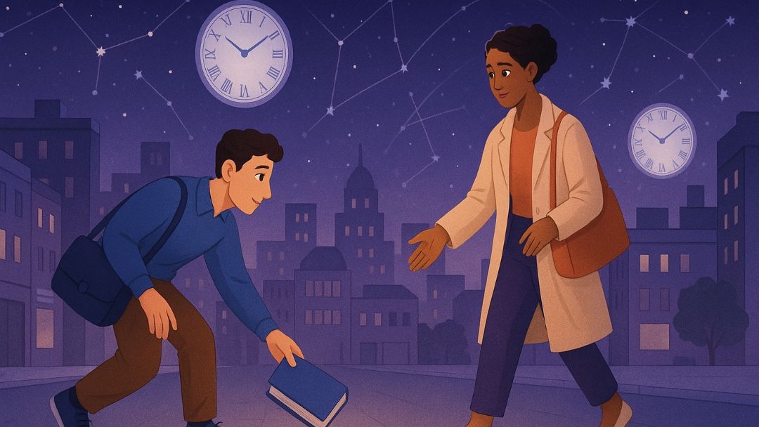 Two people meeting under stars illustrating romantic connection between kindred spirits.