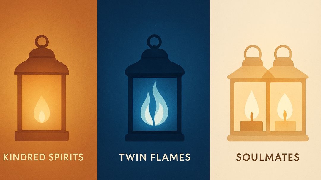 Three lanterns comparing kindred spirits vs soulmates and twin flames relationship types.