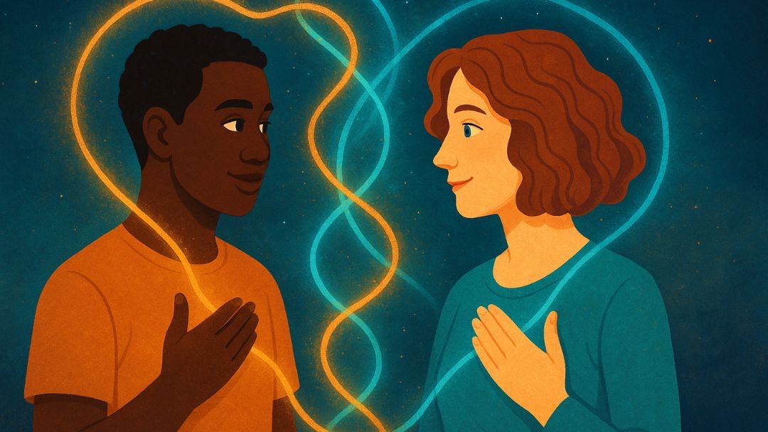 Two people with glowing energy connections showing how kindred spirits feel like home.