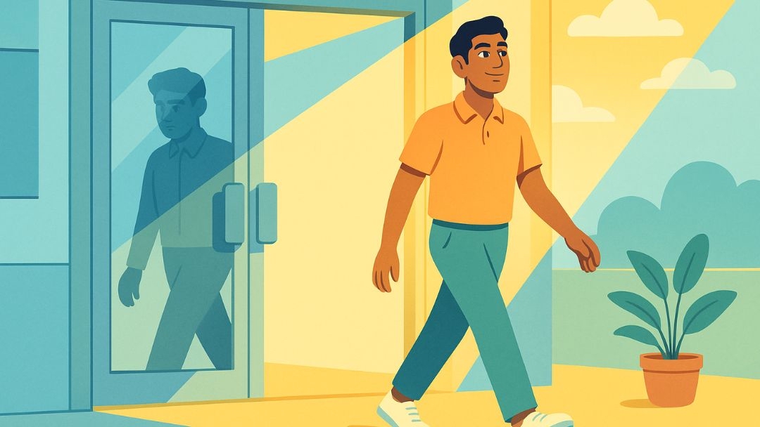 Professional leaving job with confidence for better opportunity and improved well-being.