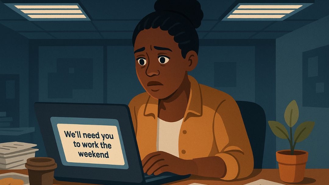 Employee losing identity due to overwork as compelling reason for leaving job.