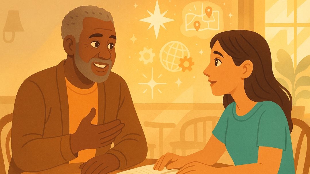 Mentor and mentee discussing long-term career goals and work-life balance strategies.