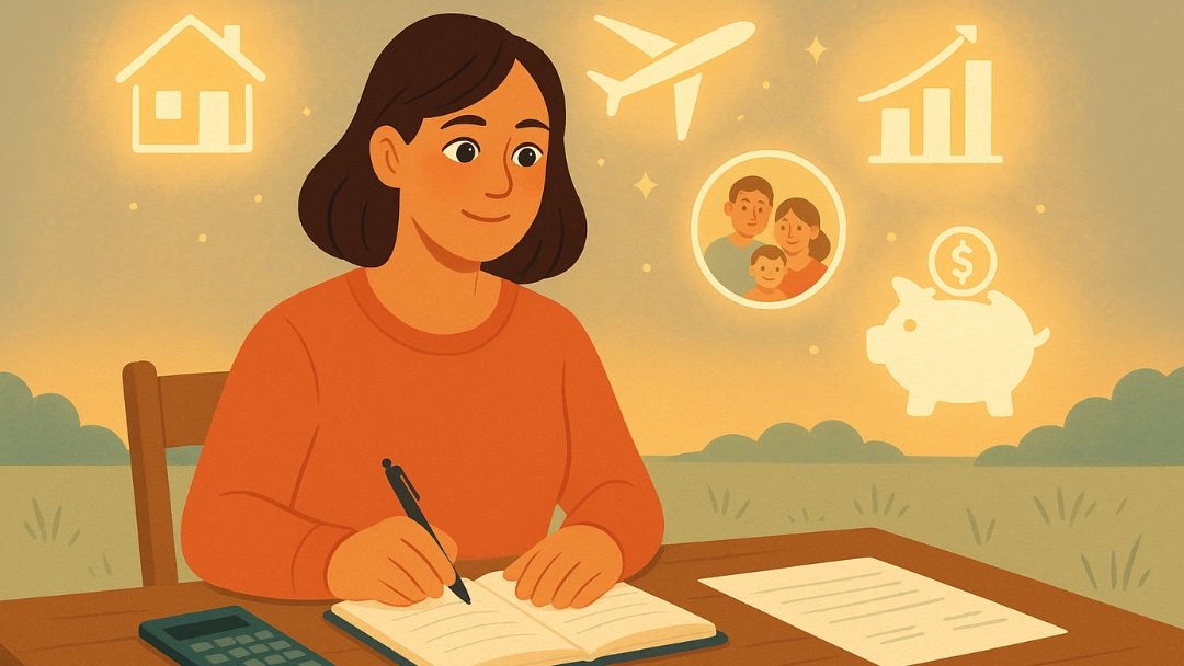 Woman planning long-term career goals including homeownership, travel, family, and financial growth.