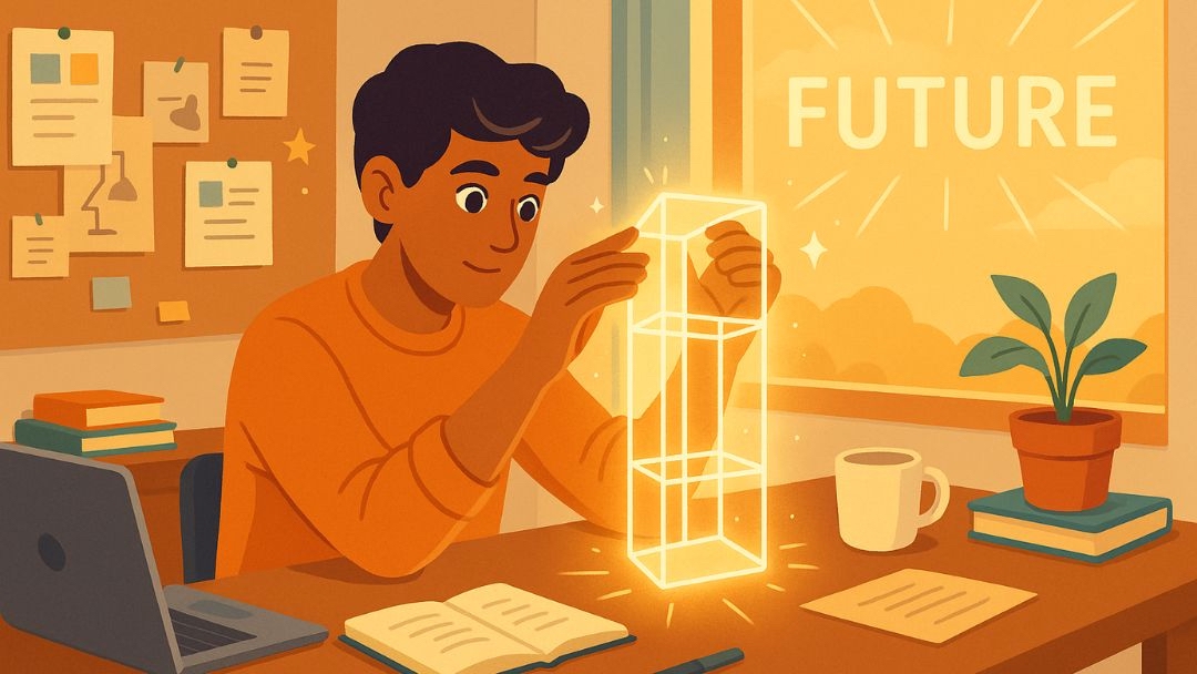 Professional building long-term career goals with focused planning and future vision.