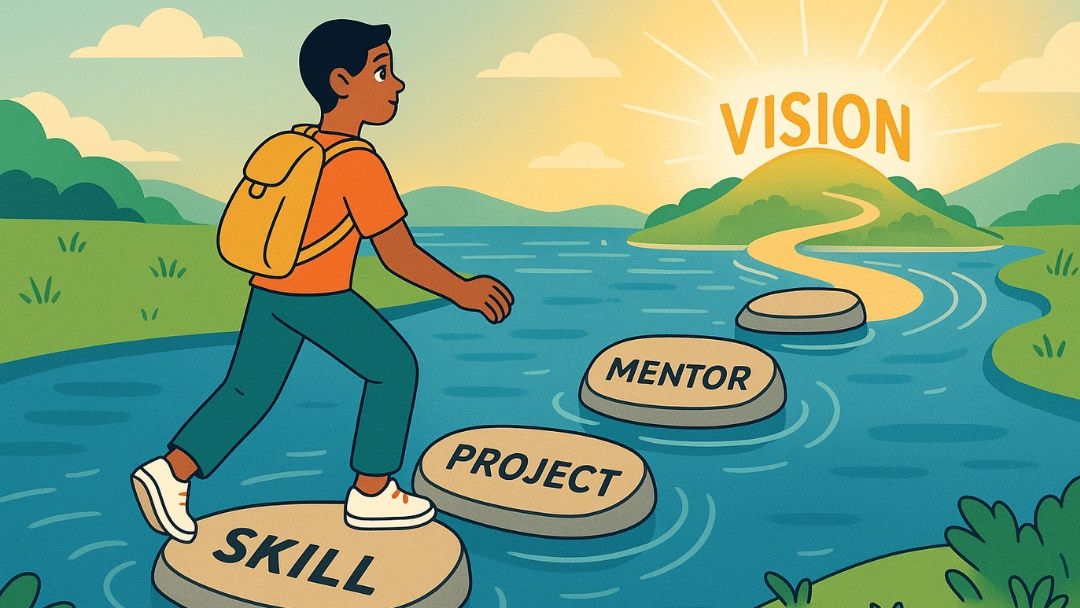 Professional stepping through career goal milestones from skills to vision for long-term success.