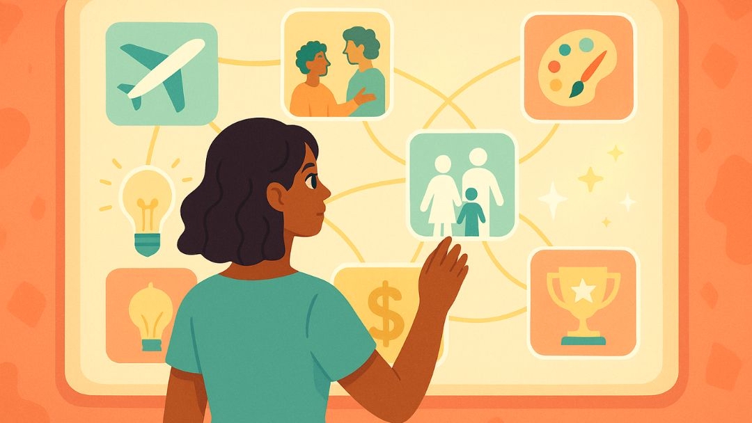 Woman visualizing long-term career goals including travel, relationships, creativity, and achievement.