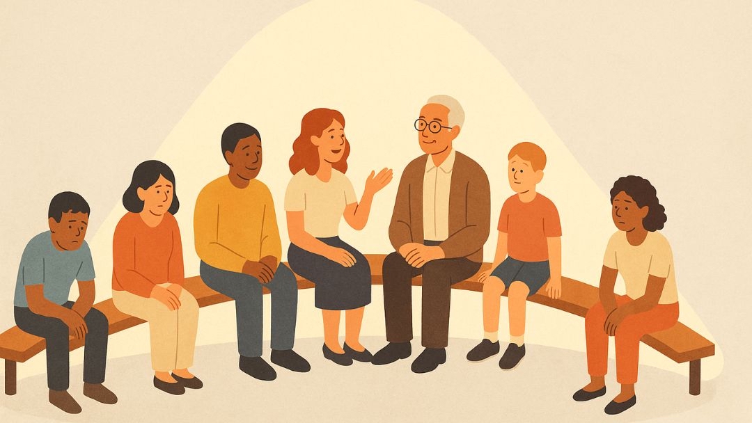 Diverse group in therapy session discussing low IQ concerns and intelligence testing.