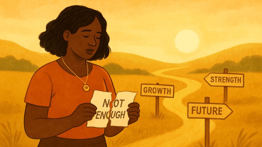Woman tearing not enough paper choosing growth path beyond low IQ academic struggles.