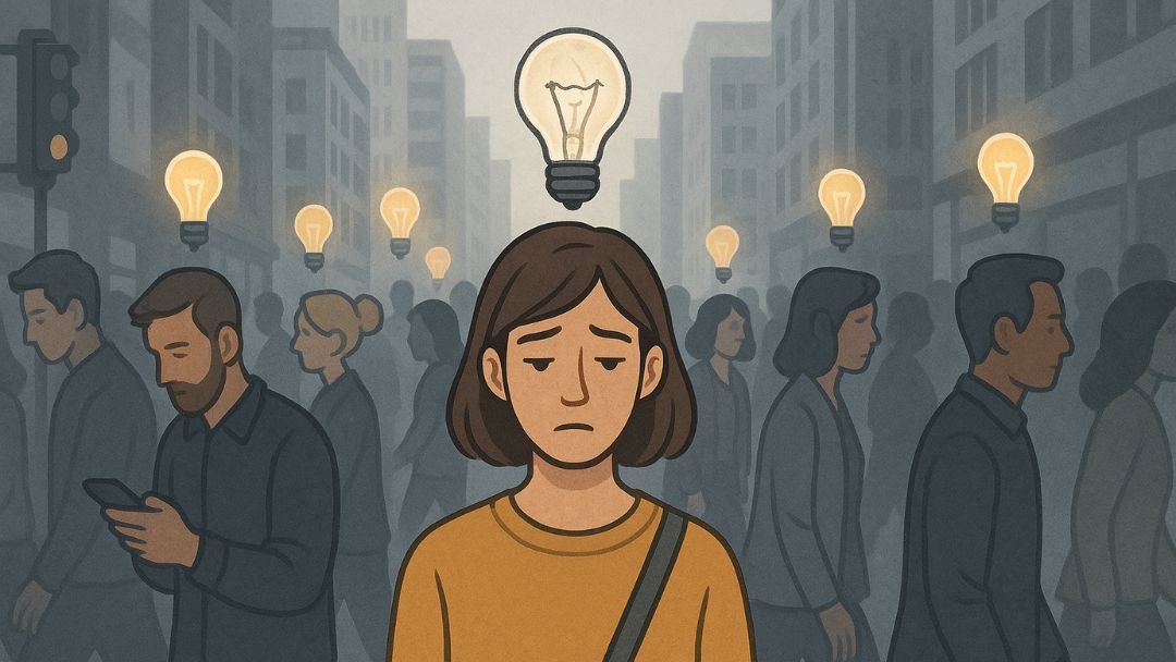 Woman in crowd with unlit bulb debunking low IQ criminal behavior stereotype.