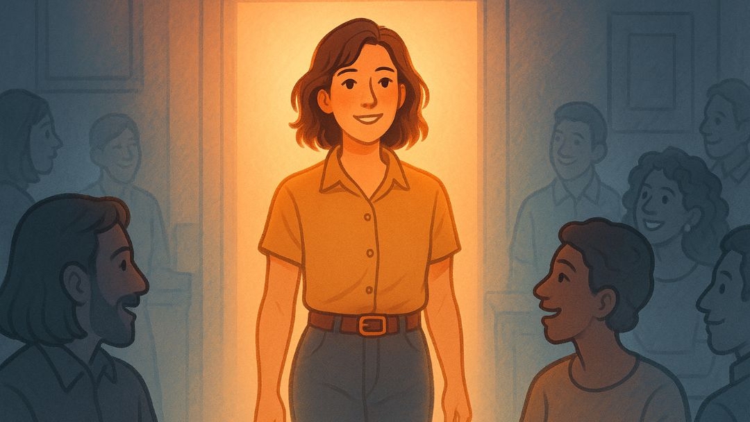 Woman with magnetic personality standing in spotlight while people gather around her at social event.