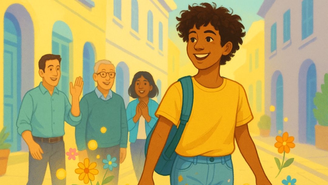 Cheerful young person with magnetic personality drawing group of smiling people in sunny street scene.