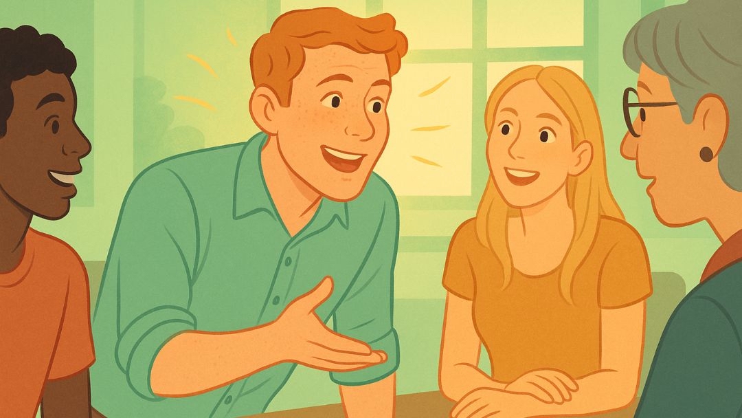 Man with magnetic personality engaging diverse group with animated storytelling and humor in bright room.