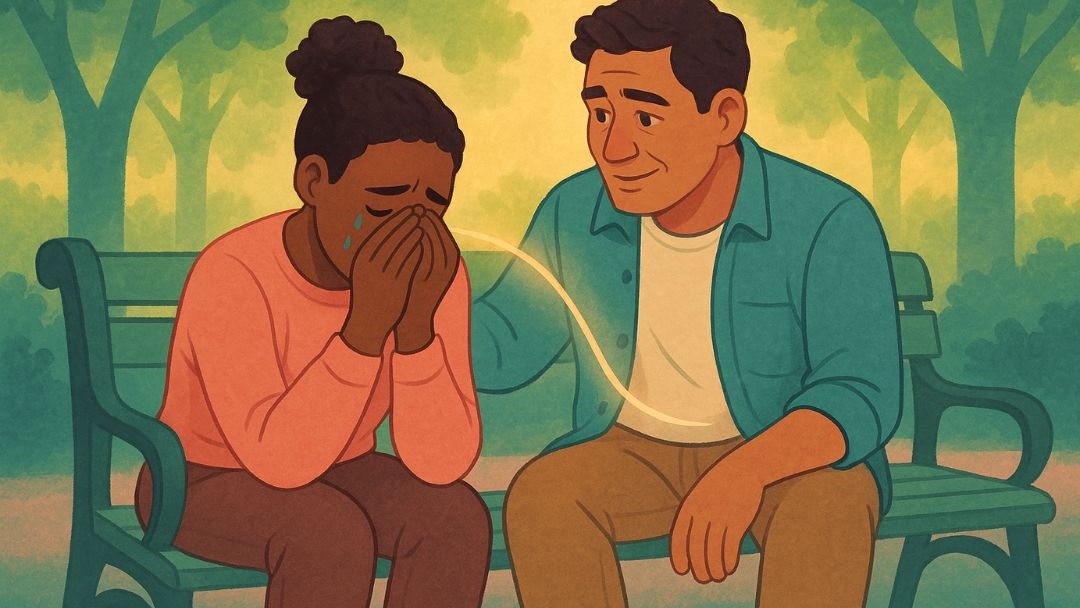 Man with magnetic personality showing empathy and genuine interest while listening to upset friend on park bench.