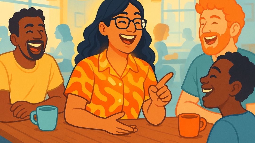 Woman with magnetic personality captivating friends with animated conversation and laughter at cafe table.