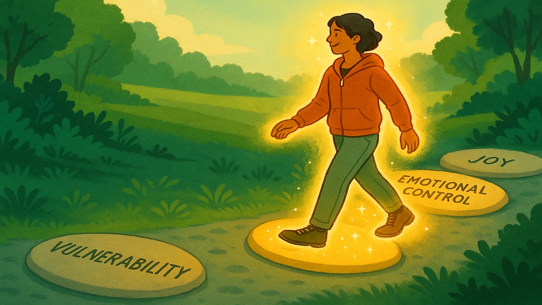 Woman developing magnetic personality by stepping through path of joy, emotional control, and vulnerability in nature.