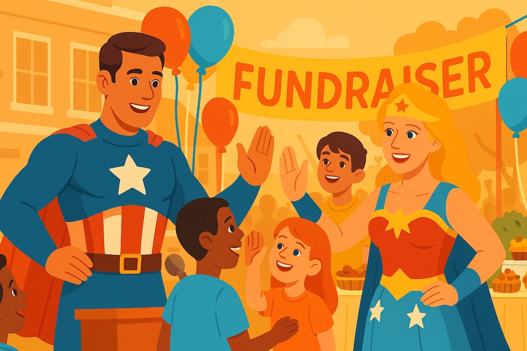 ENFJ Charismatic Leader MBTI Halloween costumes featuring superhero characters at community fundraiser event with children and balloons.