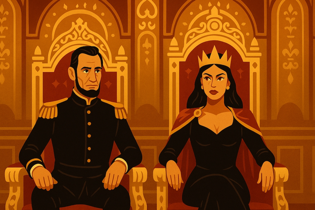 ENTJ Commander MBTI Halloween costume ideas featuring royal king and queen characters in ornate throne room setting.