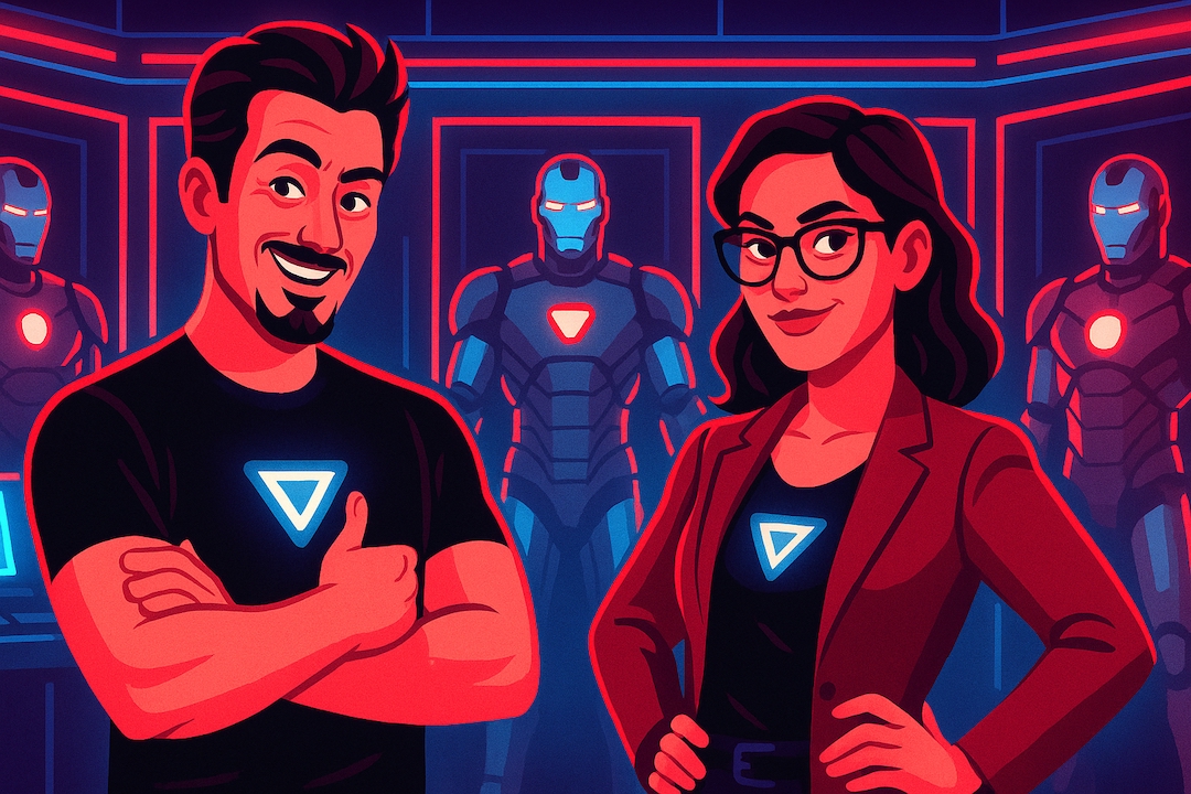 ENTP Clever Innovator MBTI Halloween costumes featuring Tony Stark and Pepper Potts with Iron Man suits in high-tech laboratory.