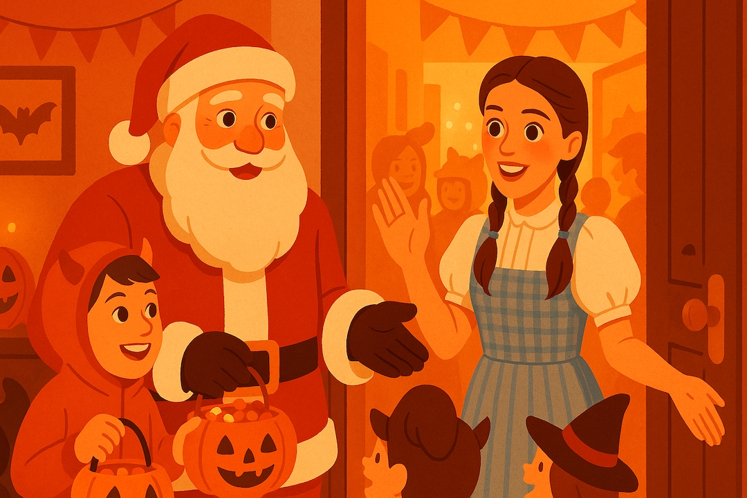 ESFJ Caring Host MBTI Halloween costumes featuring Santa Claus and Dorothy welcoming trick-or-treaters at festive home entrance.