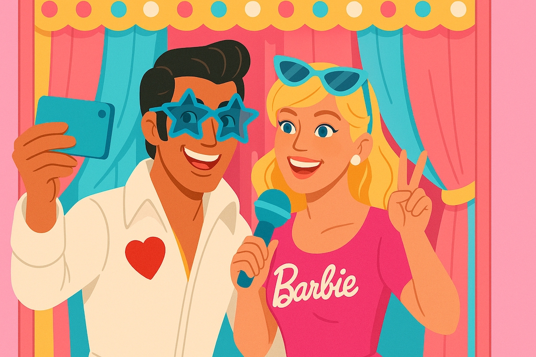 ESFP Enthusiastic Entertainer MBTI Halloween costumes featuring colorful pop star and Barbie characters at vibrant party photo booth.