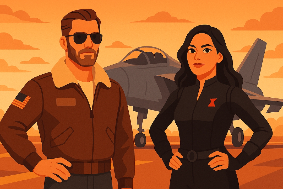 ESTP Bold Performer MBTI Halloween costumes featuring pilot and spy characters with fighter jet in dramatic sunset backdrop.