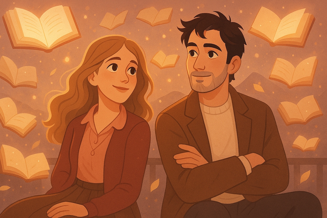 INFP Dreamy Idealist MBTI Halloween costume ideas featuring literary characters surrounded by floating books in warm autumn setting.