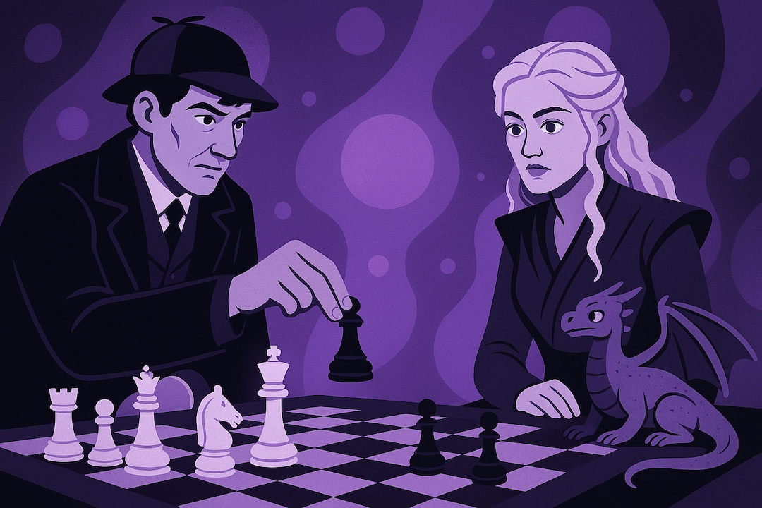 INTJ MBTI Halloween costumes showing a detective and queen with a dragon playing chess.