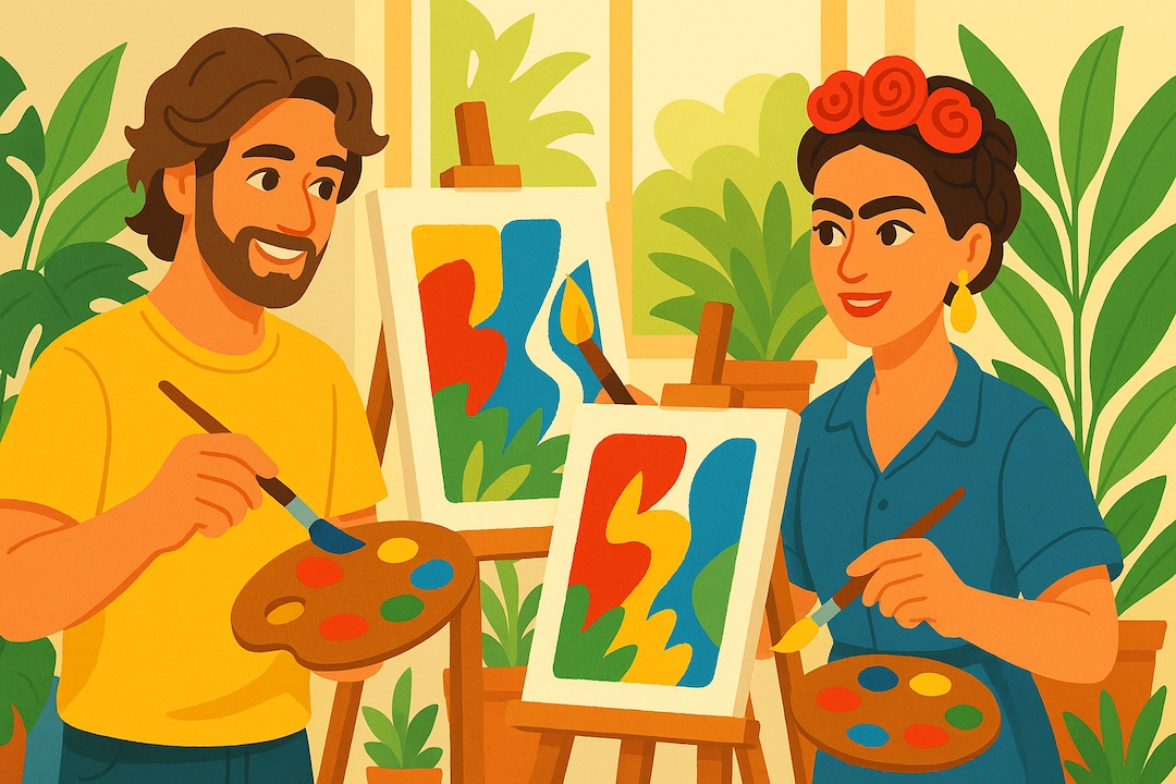 ISFP Gentle Artist MBTI Halloween costumes featuring painter characters with easels and palettes in botanical art studio setting.