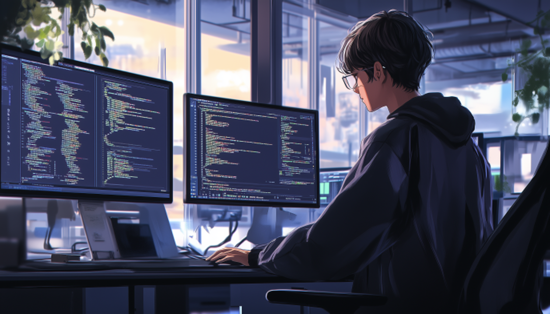 Software developer coding at workstation representing technical ISTJ T careers in IT and programming.