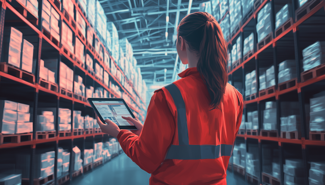 Warehouse manager using tablet for inventory management showcasing organized ISTJ T career paths in logistics.