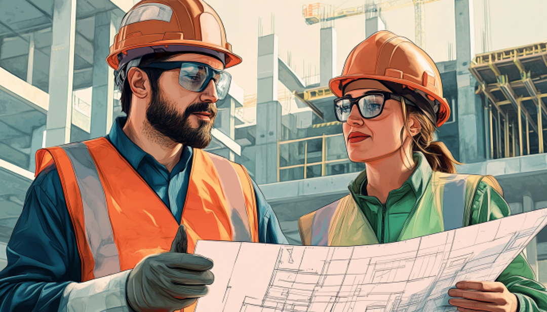 Construction managers reviewing blueprints representing structured ISTJ T careers in engineering and project management.