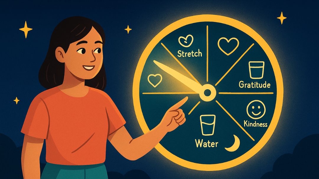 30-day mental health challenge wheel with daily wellness actions like stretching, gratitude, and kindness.