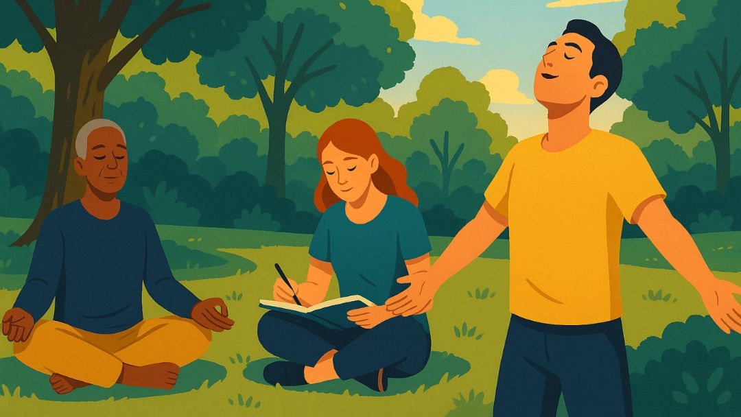 Mental health challenge activities including journaling, meditation, and outdoor time for wellness.