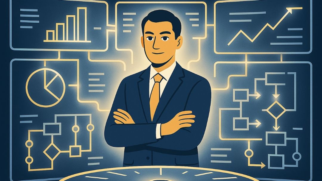 ESTJ leadership style demonstrating decisive structured approach with data analysis and organizational charts.