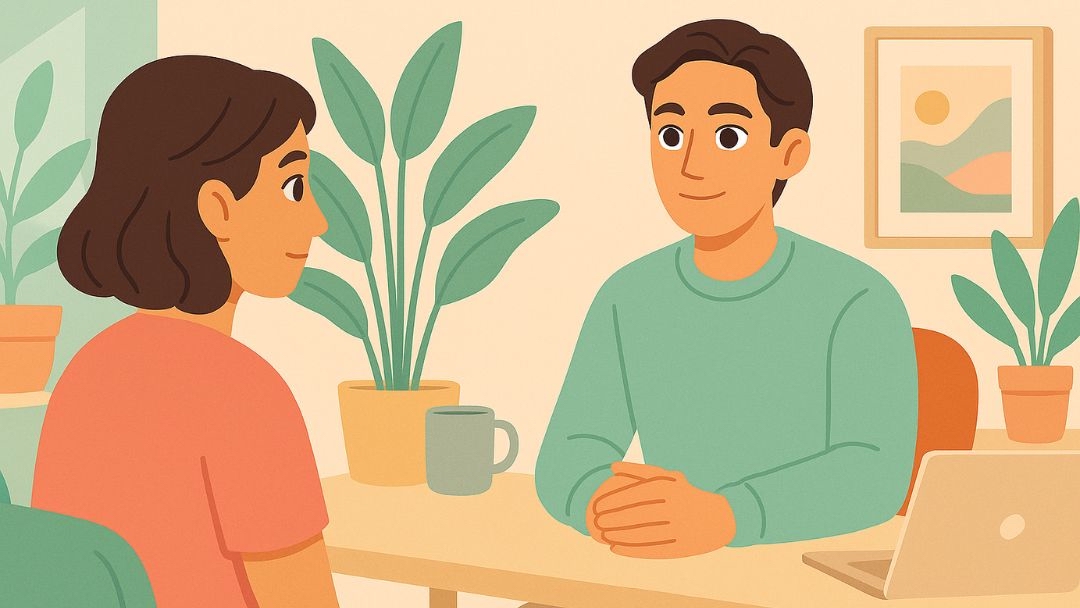 ISFP leadership style showing supportive one-on-one conversation in calm office setting.