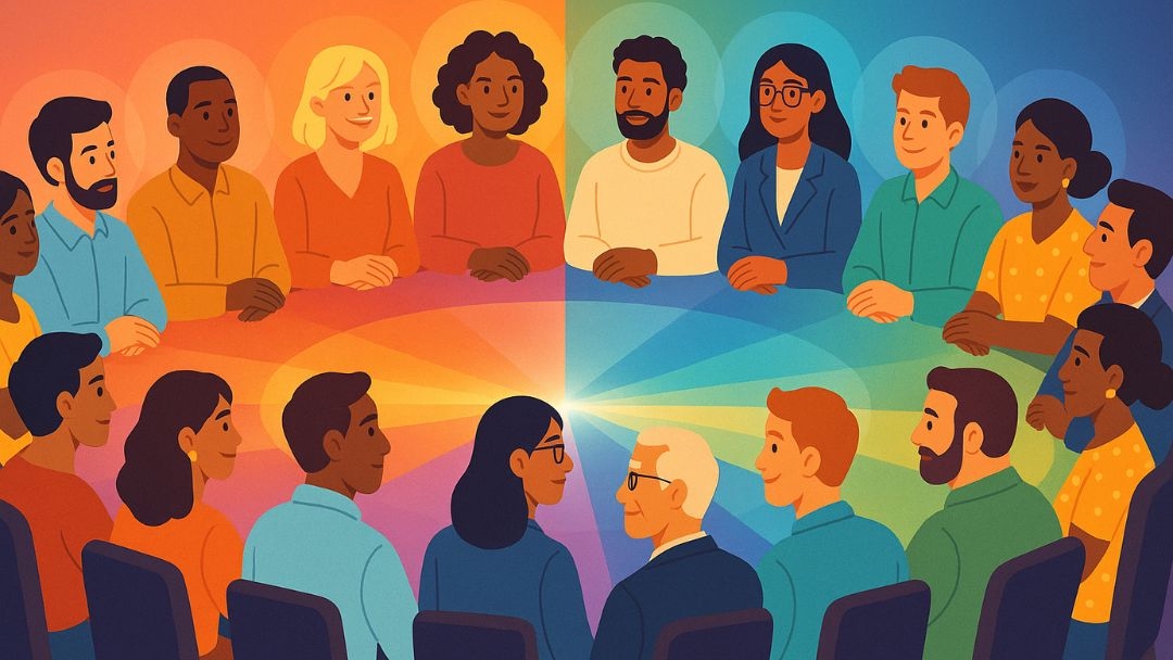 Diverse team members around table illustrating MBTI leadership styles and personality types.