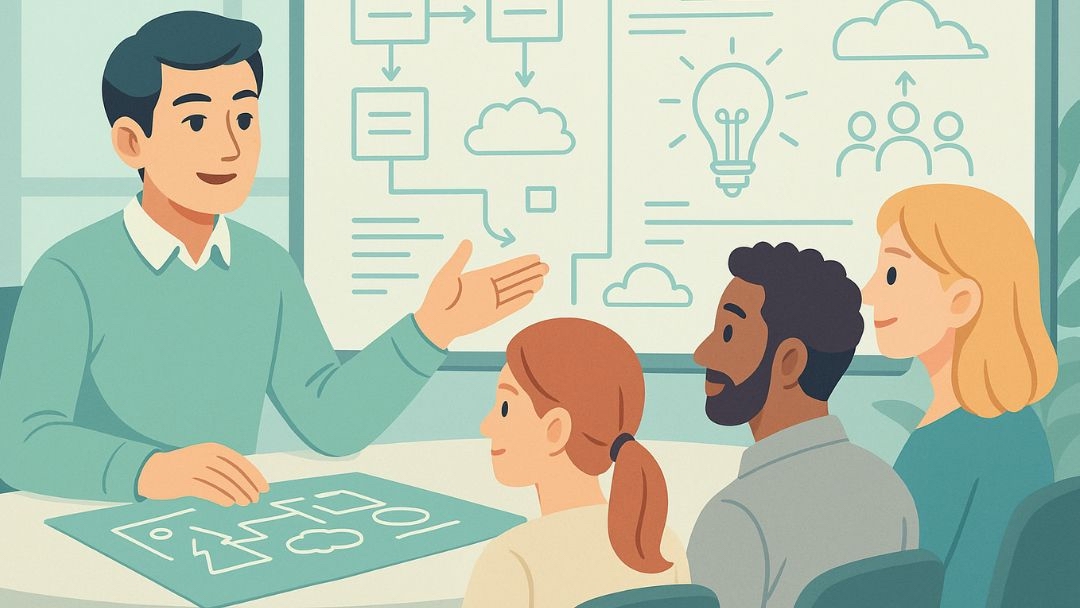 INTP leadership style showcasing inventive and big-picture MBTI personality in team meeting.